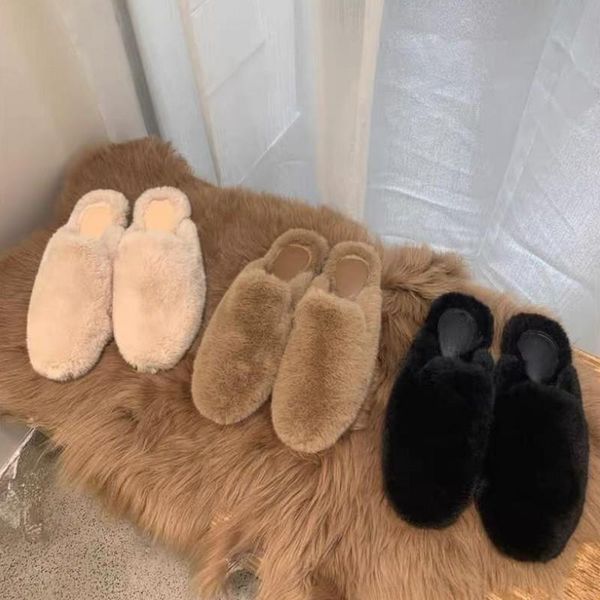 

slippers female mink hair baotou outer wear fashionable all-match lazy lamb curly wool shoes flat selling, Black