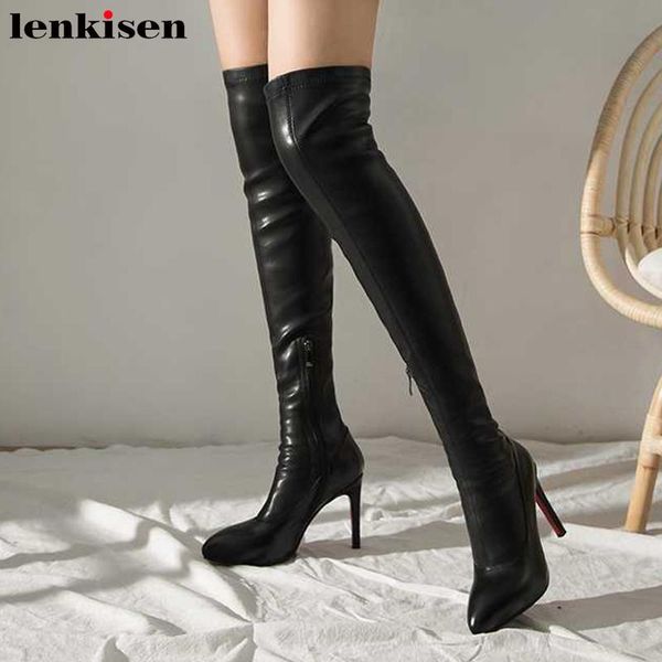 

boots lenkisen super high heels cow leather stretch pointed toe stiletto winter fashion black colors zip over-the-knee l96