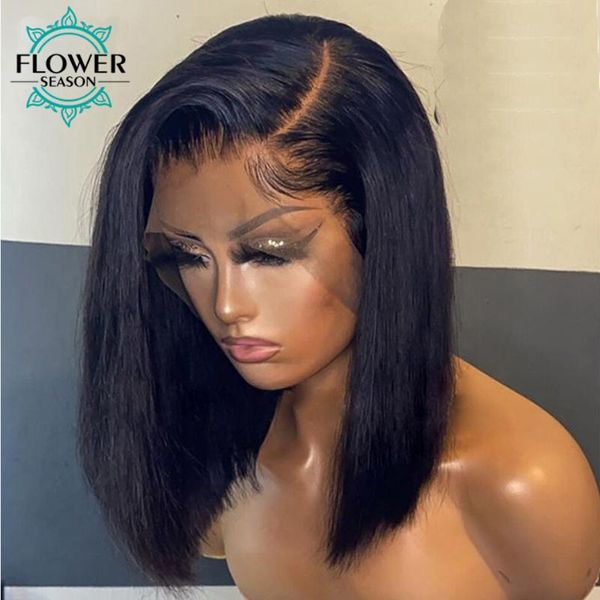 

lace wigs short bob human hair wig brazilian remy 180density 13x6 hd front glueless transparent side part flowerseason, Black;brown