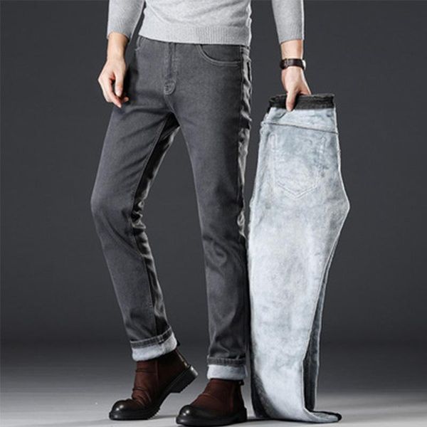 

men's jeans gray plush thick fall/winter straight slim pants, Blue
