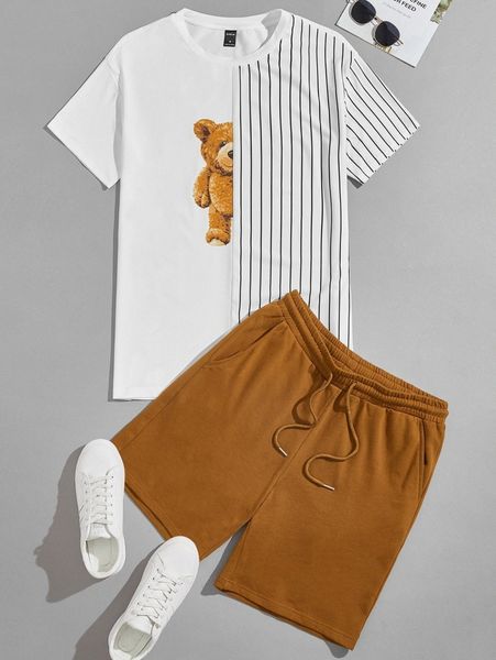 

men cartoon bear graphic tee & drawstring waist shorts set r6q5#, Gray
