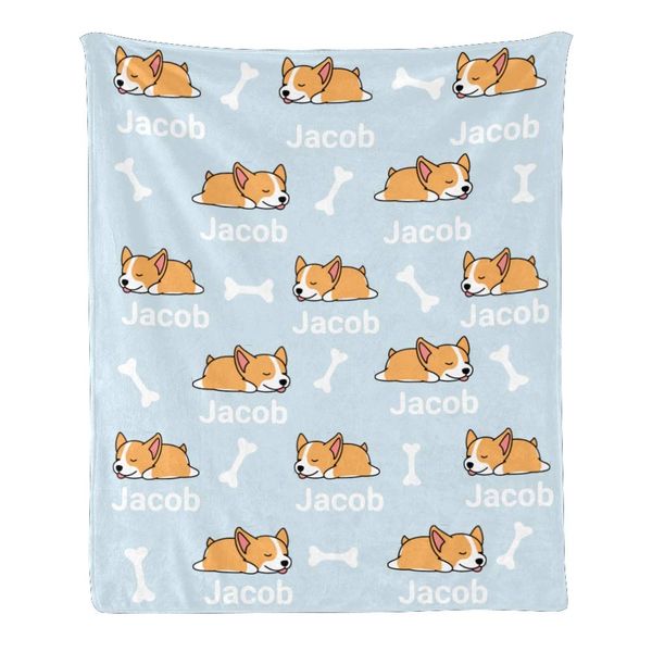 

Cute Corgi Dog Light Blue Personalized Throw Blanket Super Soft for Boy & Girl, Custom Fleece Blanket with Your Name Birthday