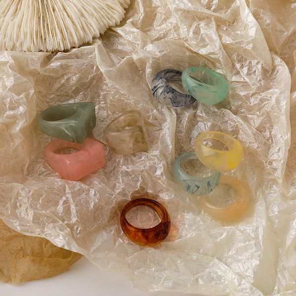 

fashion color acrylic band rings korean design resin square water drop multicolor smudge joint-ring simple personality retro glossy ink dye, Silver