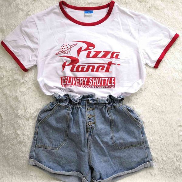 

funny pizza planet humor women t shirt summer red edge short sleeved loose plus size casual o neck hipster, White