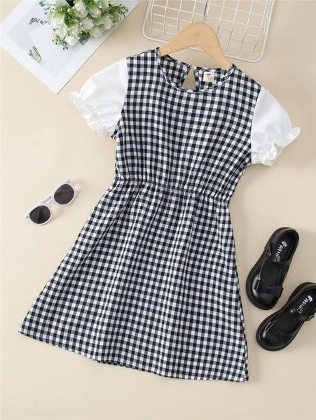 

girls gingham flounce sleeve keyhole back dress she, Red;yellow