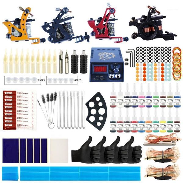 

tattoo kit 4 machines gun 20pc ink power supply grips complete set accessories supplies body art tools guns kits1