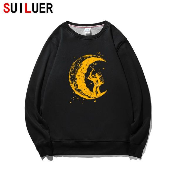 

men's hoodies & sweatshirts fashion digging the moon print men fleece cotton mens long sleeve pullovers, Black