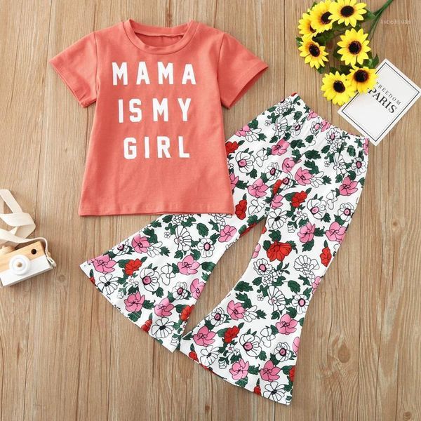 

clothing sets baby kids girls short sleeve letter printing t-shirt flower flare pants set dziewczyna zestawy girl clothes1, White