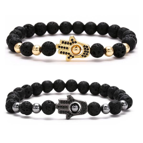 

beaded, strands men's volcanic stone hand wear micro-inlaid fatima palm bracelet, Black