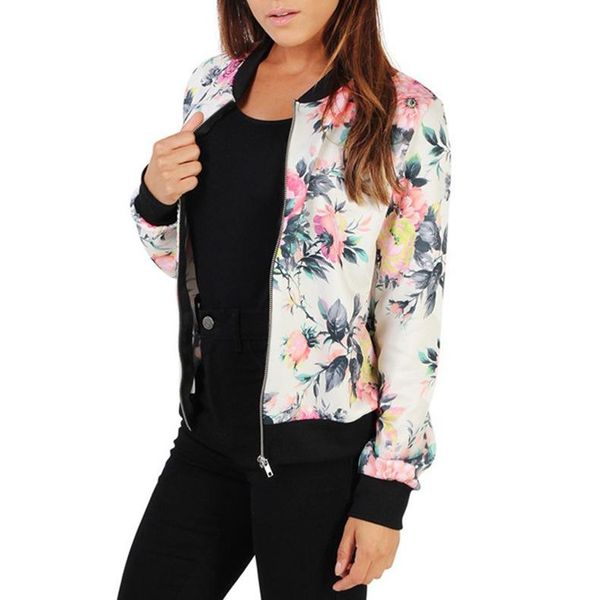 

women's jackets women retro flower printed jacket ethnic style zipper bomber collar slim coat casual outwear female autumn spring, Black;brown