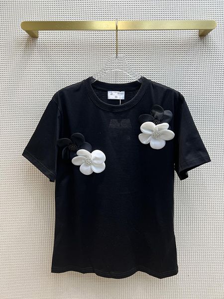 

2022 beaded big flower women t-shirts summer new design o-neck solid slim elegant office lady pulls tees, White