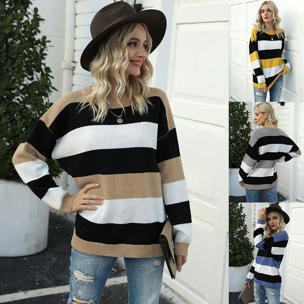 

loose striped sweater women 2021 autumn winter ladies knit jumper pullover knitted sweaters for knitwear women's, White;black