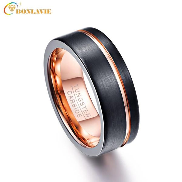 

wedding rings bonlavie men's 8mm black matte finish tungsten carbide rose gold color groove bands, Slivery;golden