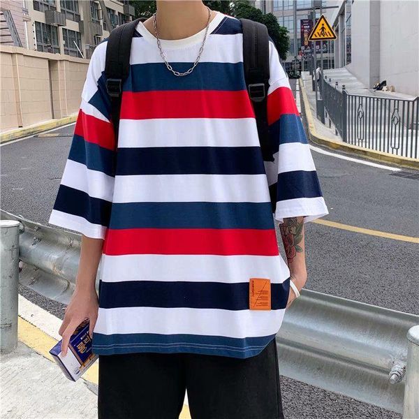

men's t-shirts 2021 t-shirt summer short sleeve loose round neck striped versatile half college sweatshirts tidal current favourite, White;black