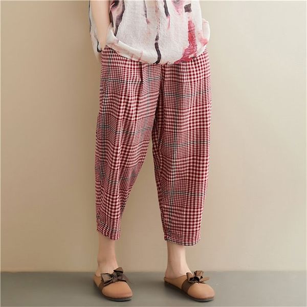 

summer arts style women elastic waist loose casual ankle-length pants plus size vintage cotton linen plaid harem m624 210512, Black;white