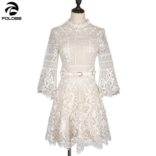 

casual dresses folobe 2021 fashion long sleeve stand collar lace dress hollow out cute a-line short formal party, Black;gray