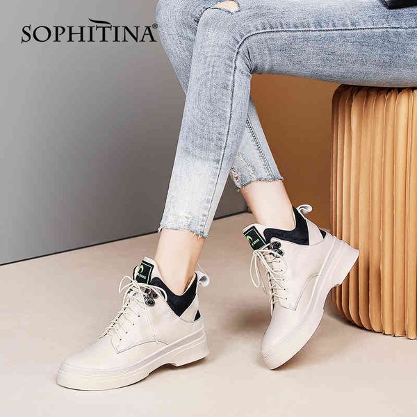 

sophitina women boots leisure comfortable genuine leather ankle boots round toe lace up flat shoes for women so631 210513, Black