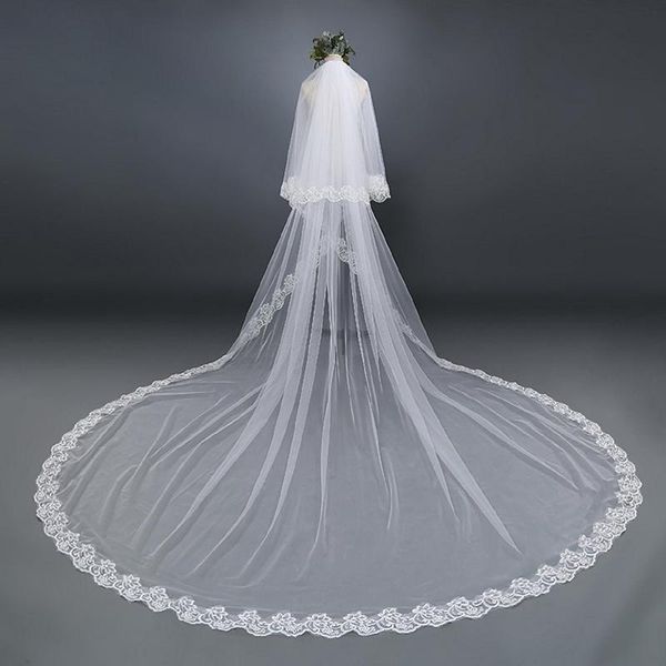 

bridal veils lan ting bride two-tier lace applique edge wedding veil elbow cathedral 53 appliques tulle, Black