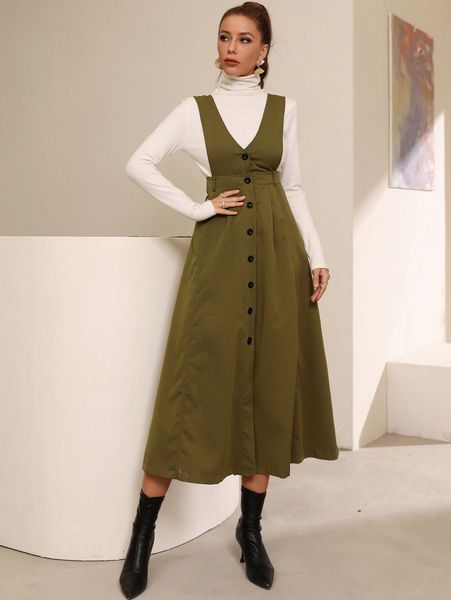 

solid button front overall dress p7xp#, Black;gray