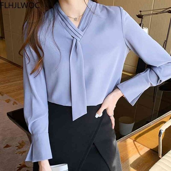 

women's knits & tees spring basic shirts blouses women female long sleeve solid color v neck elegant office lady work bow tie, White