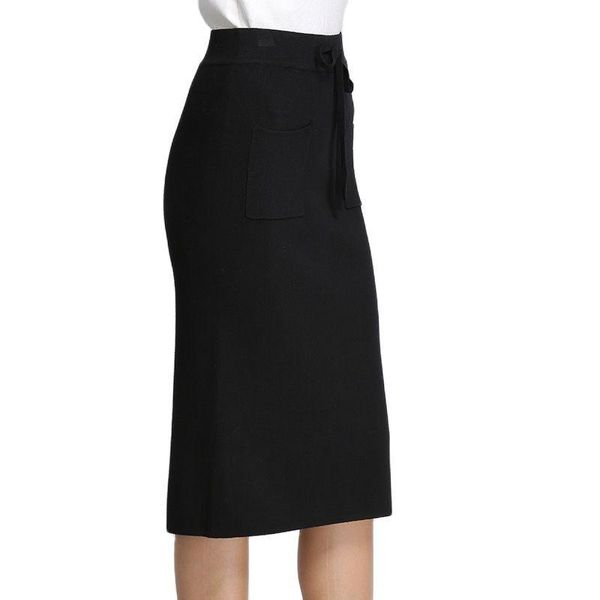 

skirts xikoi winter women formal work high wasit pencil elastic solid slim long split package hip, Black