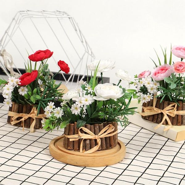 

decorative flowers & wreaths wooden fence bonsai artificial rose with vase set potted fake flower deskplants home decoration