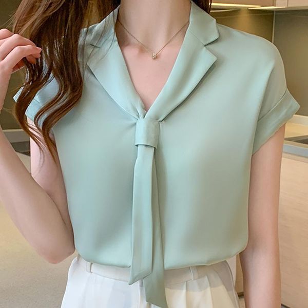 

women's blouses & shirts summer short sleeve women blouse bow v-neck chiffon shirt blusas mujer de moda 2021 femme e993, White