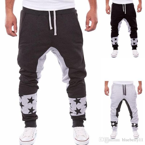 

men's pants autumn and winter fashion belt hip hop star print stitch sweatpants elastic waist 1kzp, Black