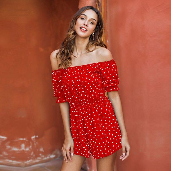 

spring short sleeve playsuit women new casual ruffles off the shoulder dot playsuit ladies summer print playsuit 210413, Black;white