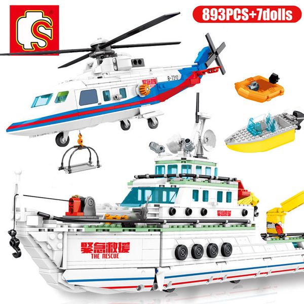 

sembo police rescue action helicopter ship model building blocks city yacht plane policeman figures bricks educational toys 1008
