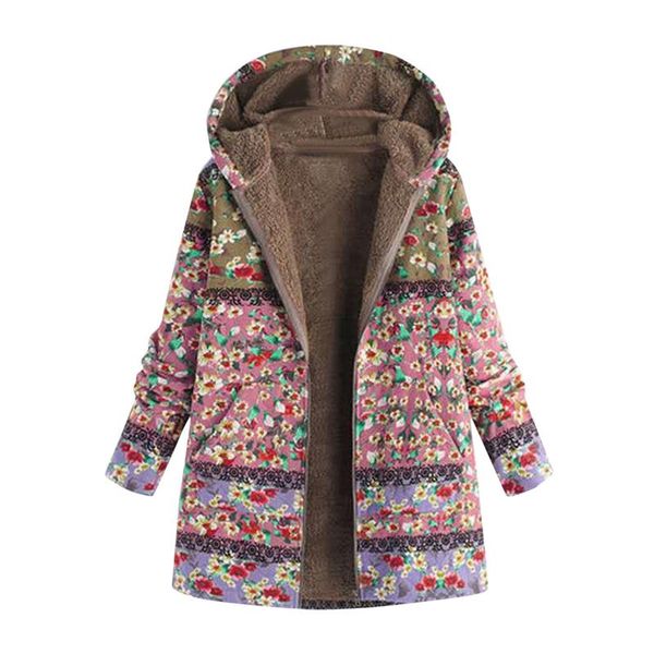

women's fur & faux vintage ethnic style coat women floral print hooded pockets zipper jacket coats lining winter warm parka casual outw, Black
