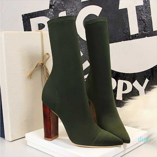 Großhandels-Stiefel Mitte der Wade 2021 Ankunft Stretch Socke Chunky Block Fetisch Sexy High-Heels Schuhe Seidenschuhe