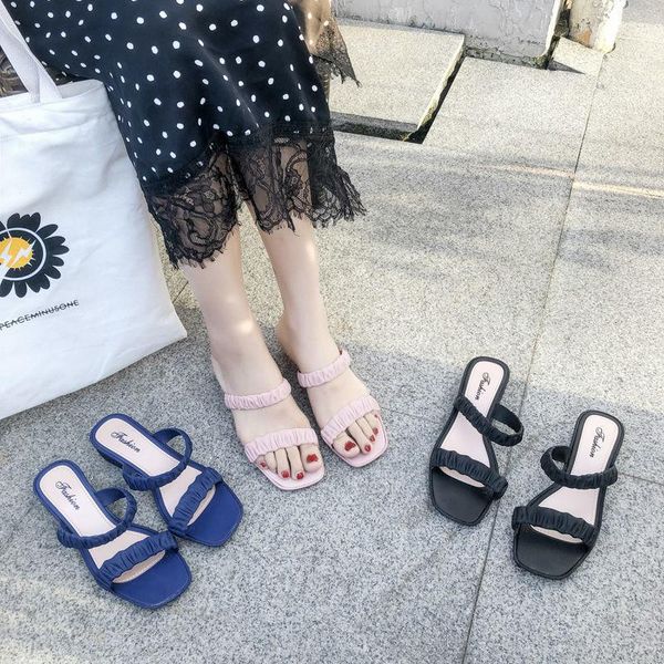 

women slides 3cm high heels mules summer female blue pink sandals lady square toe low slippers shoes size 36-40, Black