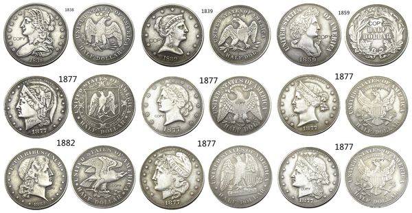 USA Ein Satz (1838–1882), 9 Stück, verschiedene Kopf-Halbdollar-Muster, zum Basteln, versilbert, Kopiermünzen-Ornamente, Replik-Münzen, Heimdekorationszubehör