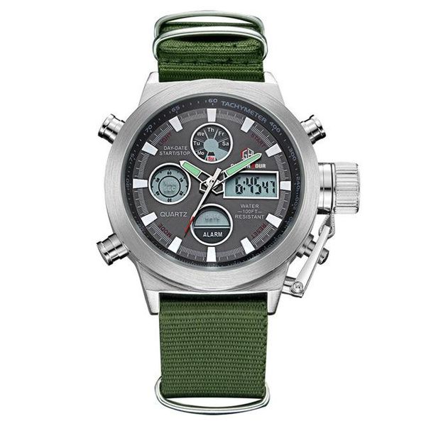 

wristwatches goldenhour gh103 watches fashion men alloy genuine leather watch luxury nylon band double display, Slivery;brown