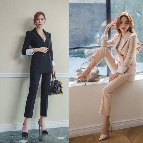 

women's suits & blazers autumn women pencil pant 2 two piece sets black solid blazer + office lady notched jacket female outfits, White;black