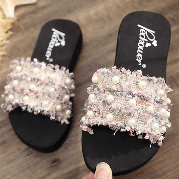 

pearl girl baby beach shoes flat child sandals summer woman parent-child fashion sandal non-slip slippers s636 210712, Black;grey