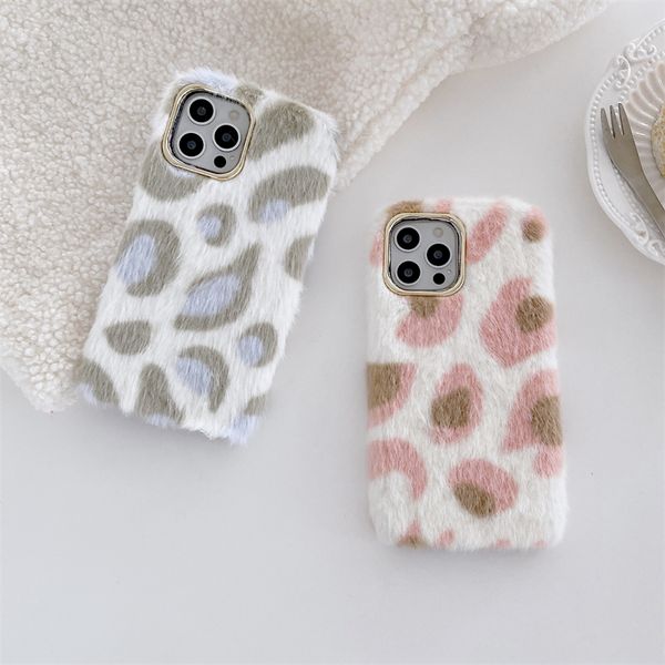 Leopard Print Fluffy Winter Warm Fur Cases For iPhone 14 12 11 13 Pro Max XS X XR 7 8 Plus Furry Soft Plush Cover