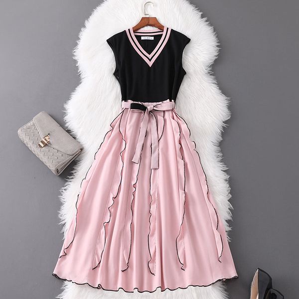 

2021 summer sleeveless v neck black pink contrast color chiffon belted panelled mid-calf dress elegant casual dresses 21a1984383, Black;gray