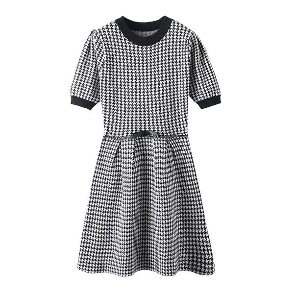 

white black plaid o neck short sleeve elegant office lady mini dress knitted houndtooth d1656 210514, Black;gray