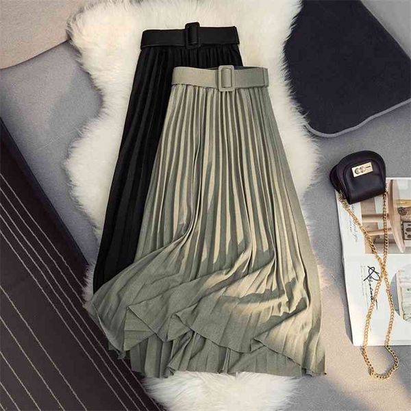 

autumn & winter elastic waist simple casual pleated skirt high belt women a-line long 210527, Black