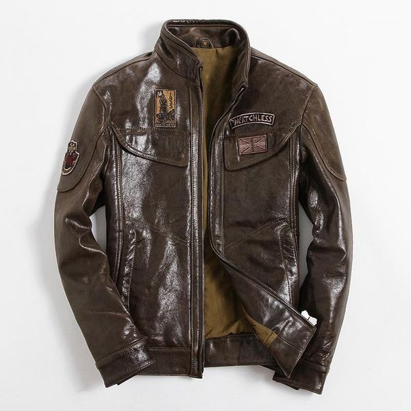 

men's leather & faux real jacket men clothes 2021 streetwear fashion mens sheepskin coat slim fit moto biker genuine 6001, Black