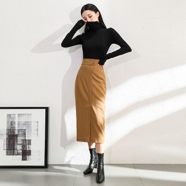 

skirts 2021 spring autumn women's skirt elegant midi high waist bodycon split office ladies pencil, Black
