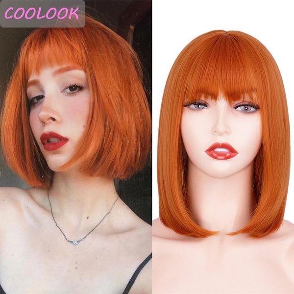 

synthetic wigs orange short bob women's with bangs natural straight ginger shoulder length lolita wig perruque cosplay, Black