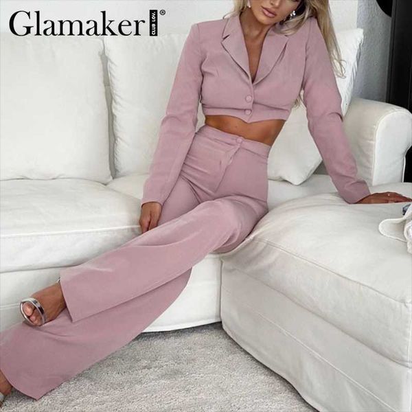 

women's two piece pants glamaker pink purple 2 suit women short blazer and flared office lady set autumn female sets outfits, White