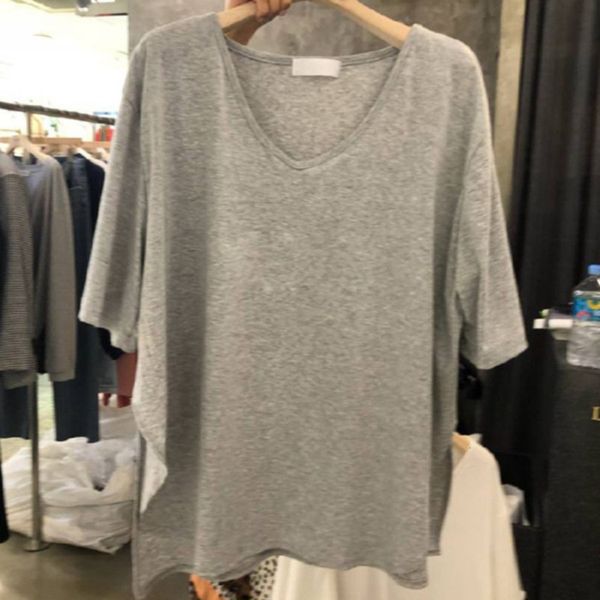 

women's t-shirt short summer korean fashion loose v-neck solid color split half sleeve fvq8, White