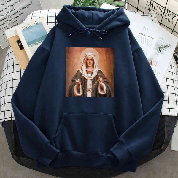 

men's hoodie, printed with "our lady of ros", casual cartoon sweater pocket, retro style, hip-hop, cartoon, Black