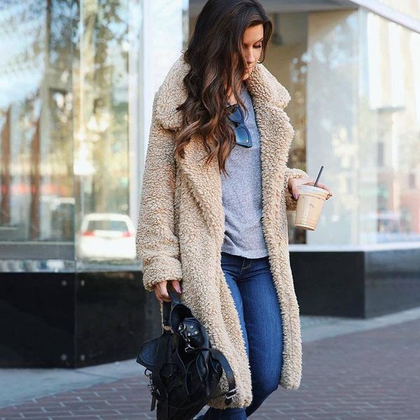 

women's wool & blends 2021 autumn and winter jacket long-sleeved lapel plush ladies pure color coat casual warm soft cardigan, Black
