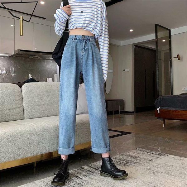 

women's jeans wide-leg 2021 summer and autumn high-waist elastic waist student loose straight-leg pants, Blue