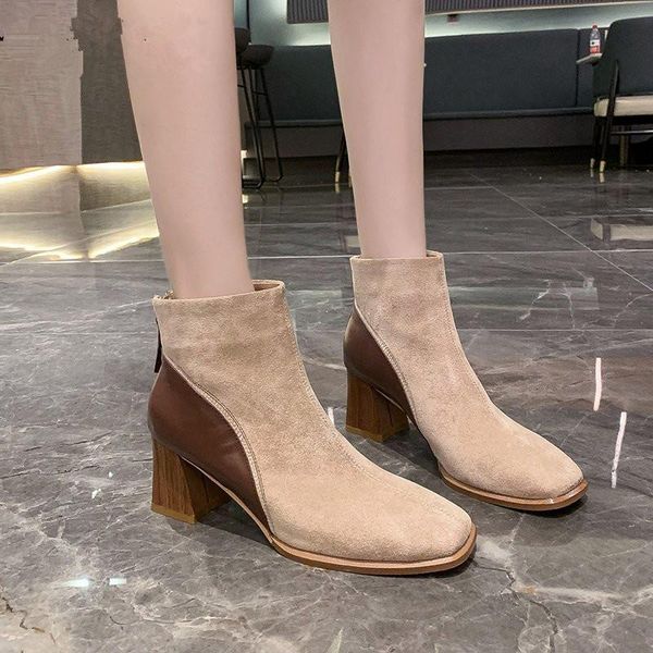 

boots women autumn winter flock ankle zip square toe squar heel casual black booties 2021